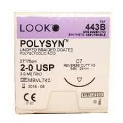 SURGICAL SPECIALTIES LOOK™ DENTAL SUTURES - 	2/0 PolySyn™ Suture, Undyed Braided, 27"/70cm, C7, 24mm 3/8 Circle, 12/bx